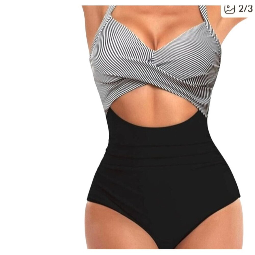 Eomenie Womens Med One Piece Swimsuit Wrap Tie Back Black & White Stripes